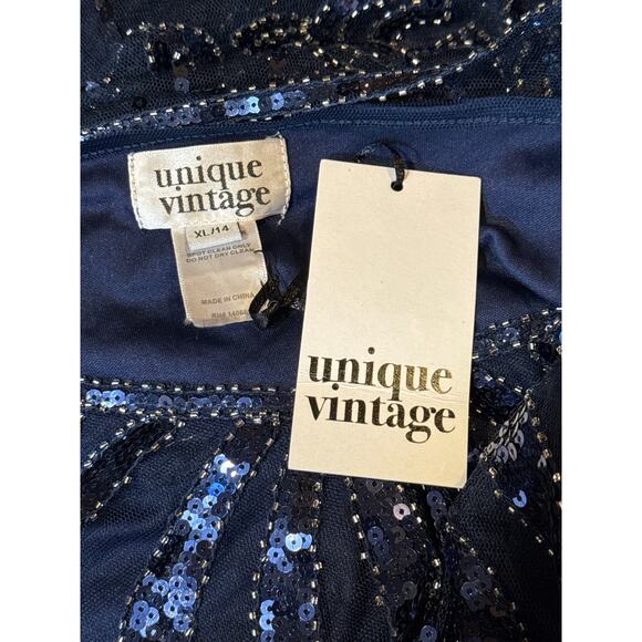 Unique Vintage 1920’s Navy Beaded Mini Flapper Dress XL 14 NWT - Picture 2 of 3